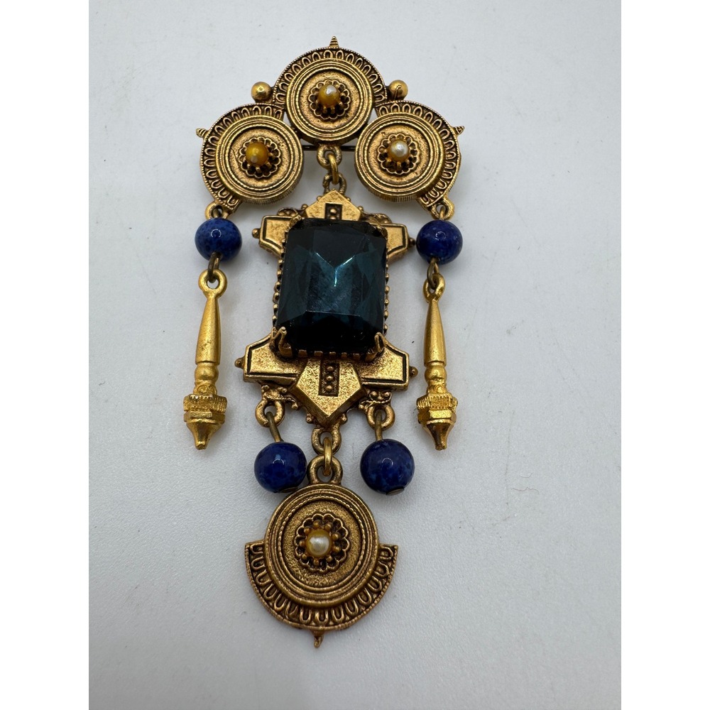 Vintage Florenza Etruscan Revival Brooch Gold Tone Teal Glass Lapis Blue Dangle